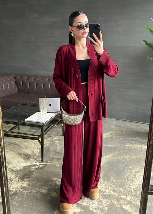 Ahşap Düğmeli Hırkalı Takım BORDO
