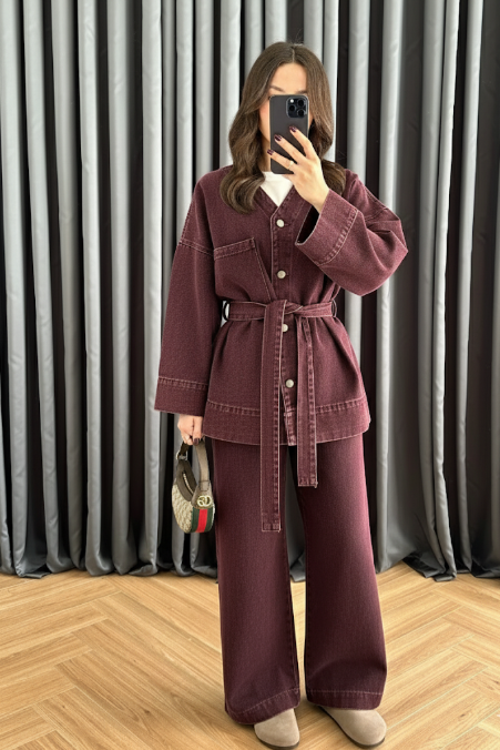 V Yakalı Denim Takım BORDO
