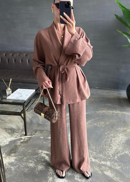 Şal Yaka Krinkıl Kimono Takım KAHVE