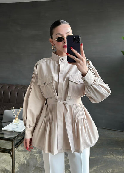 Nervür Detaylı Kap Ceket BEJ