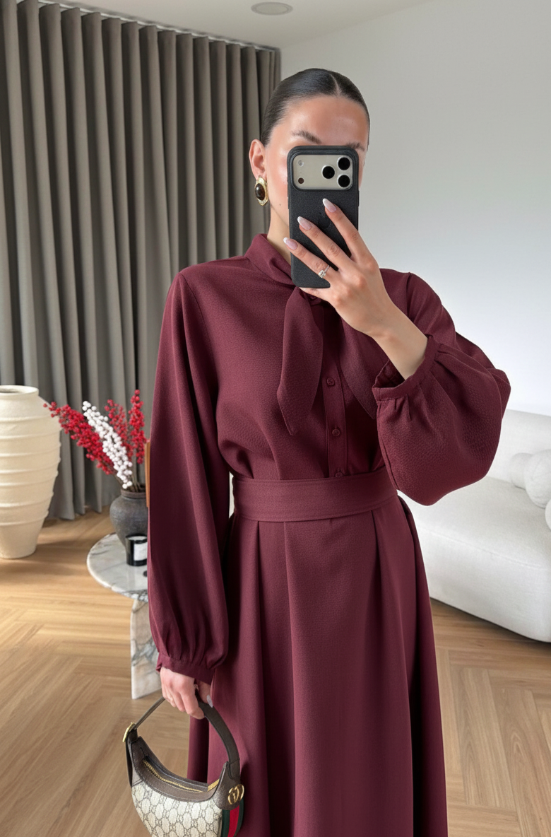 Ayşima Yaka Detaylı Elbise CHİLİ BORDO