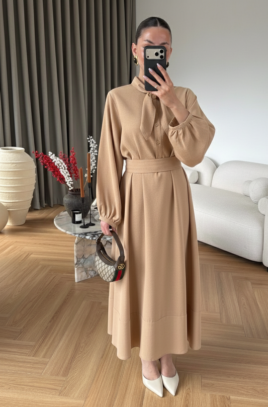 Ayşima Yaka Detaylı Elbise VİZON