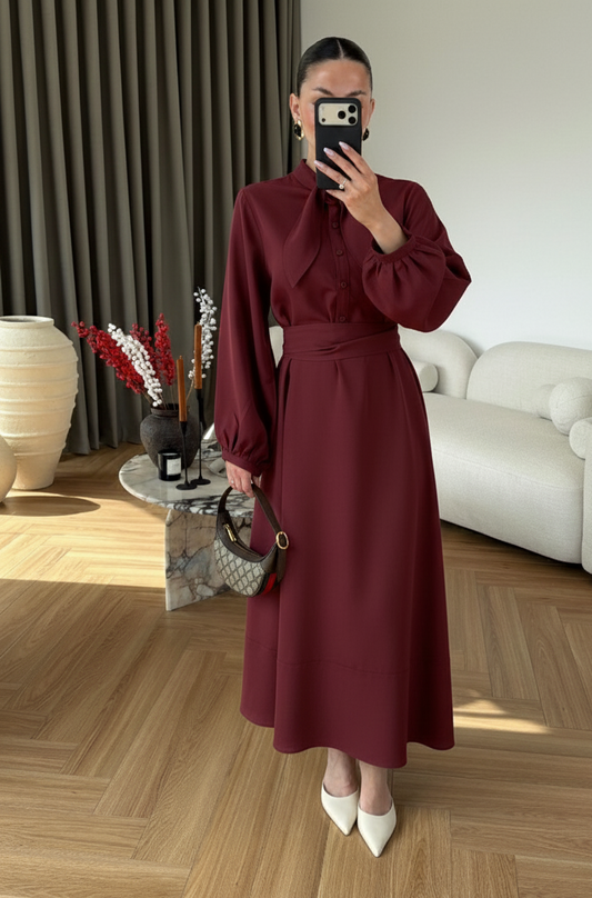 Ayşima Yaka Detaylı Elbise CHİLİ BORDO