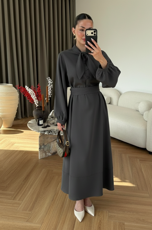 Ayşima Yaka Detaylı Elbise ANTRASİT