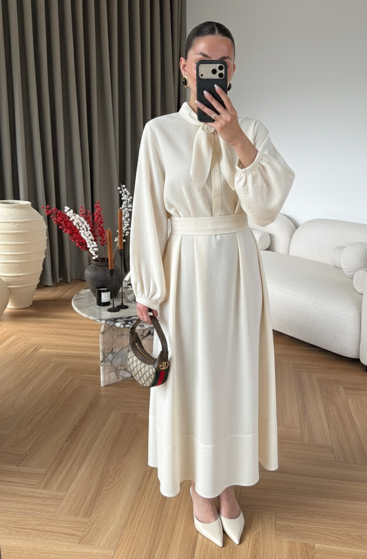 Ayşima Yaka Detaylı Elbise EKRU