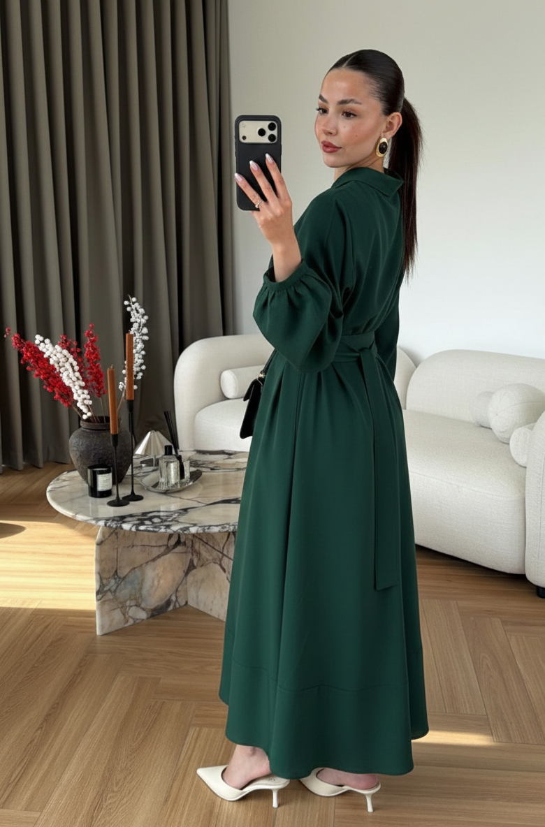 Ayşima Yaka Detaylı Elbise YEŞİL