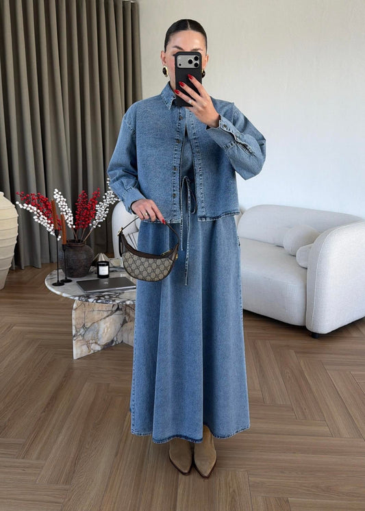 Gömlekli Elbiseli Denim Takım BUZ MAVİ