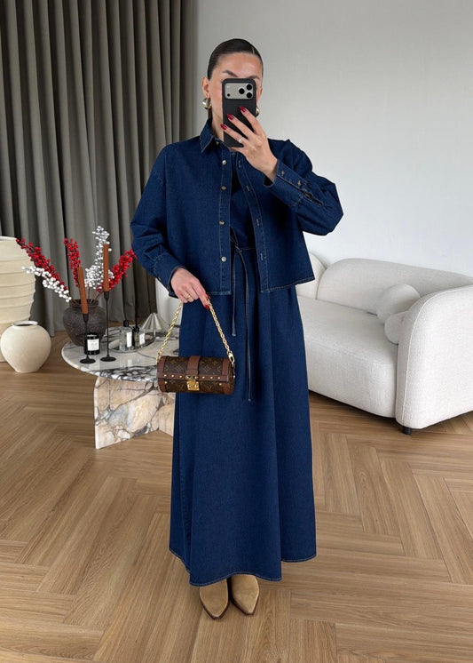 Gömlekli Elbiseli Denim Takım LACİVERT