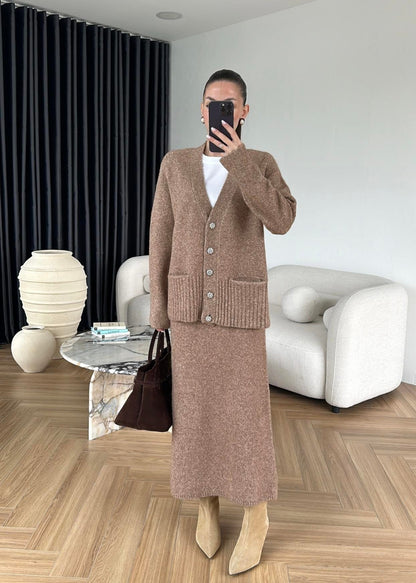 Taşlı Düğmeli Dilvin Etekli Takım CAMEL