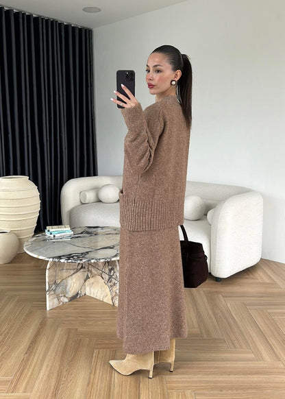 Taşlı Düğmeli Dilvin Etekli Takım CAMEL