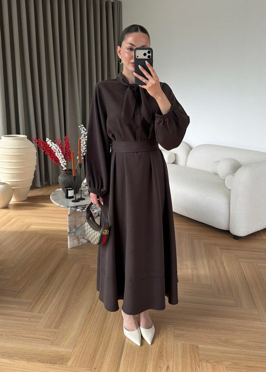 Ayşima Yaka Detaylı Elbise ACI KAHVE
