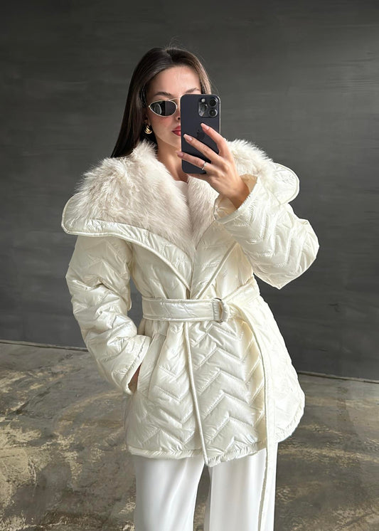 Rugan Yakası Kürklü Mont EKRU